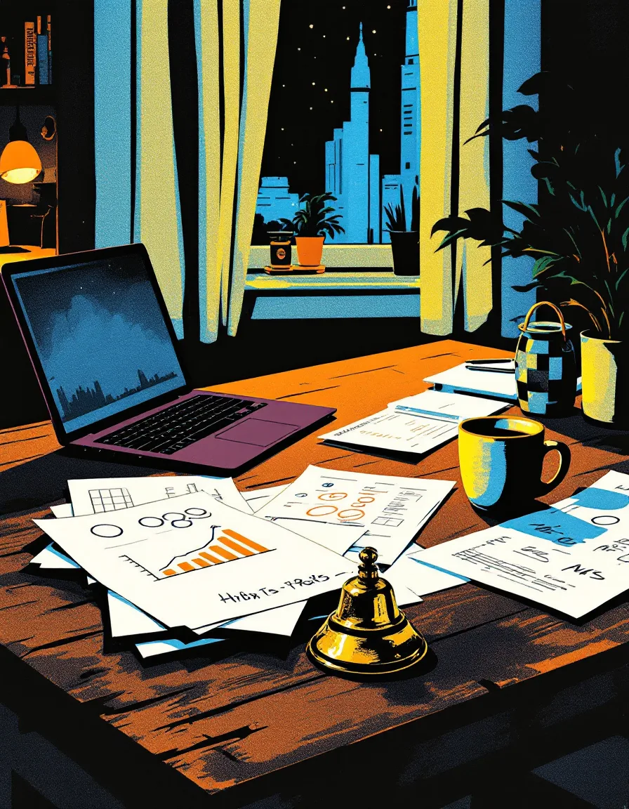 Risograph illustration of a late-night kitchen table with a laptop, paper spreadsheets and a small brass bell
