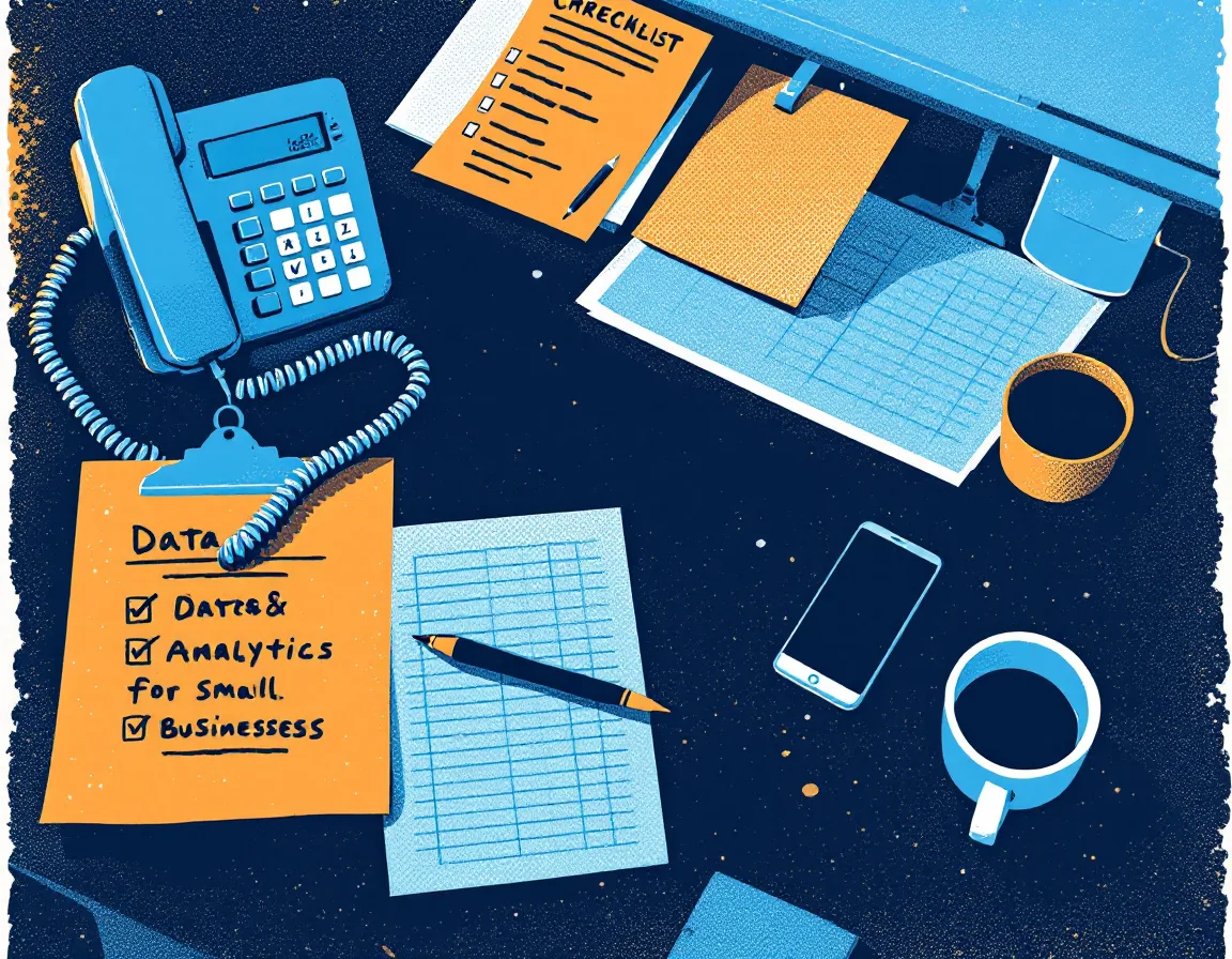 Risograph illustration of a desk with a telephone, a checklist and a spreadsheet with one cell circled