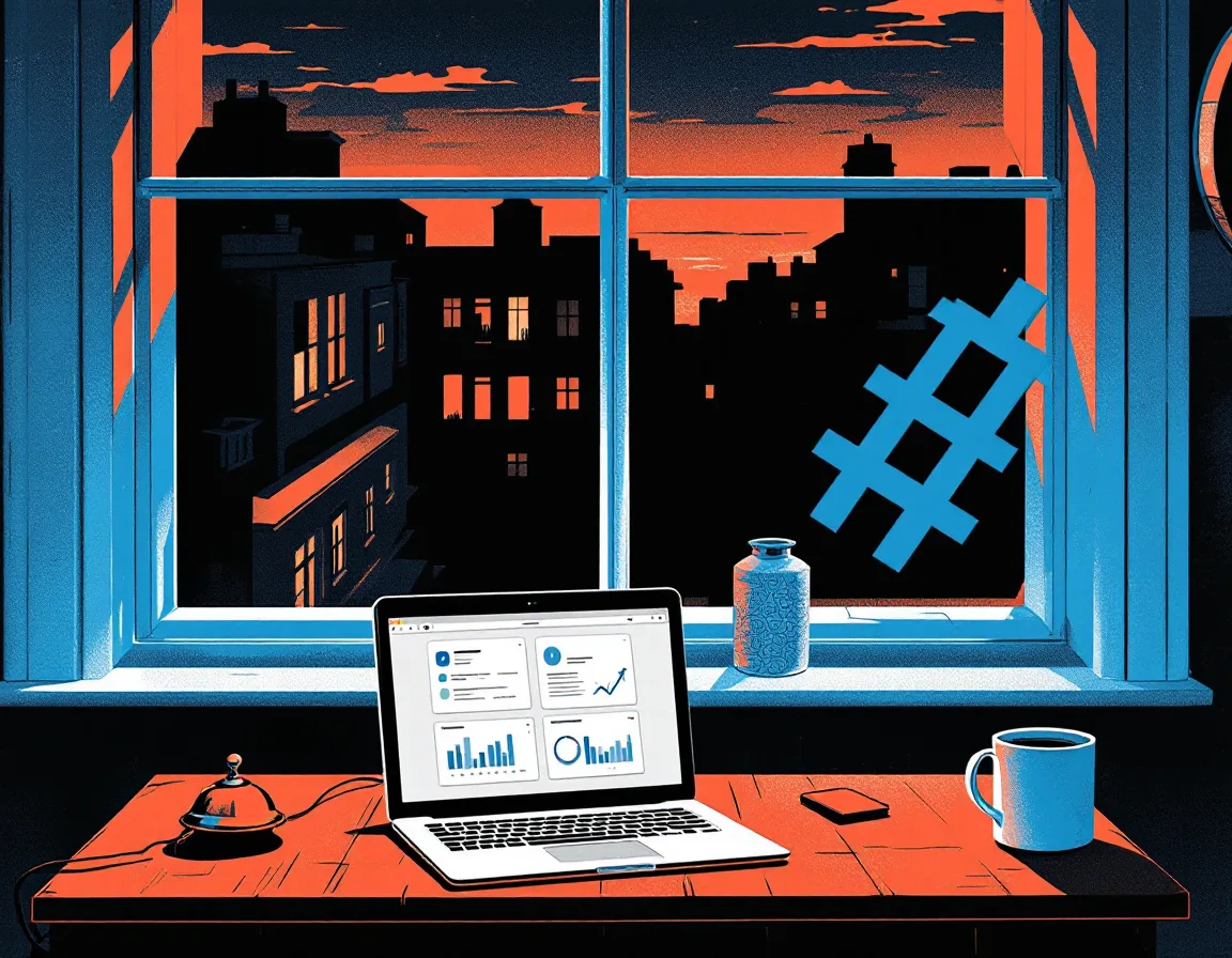 Risograph illustration of a desk with a laptop showing dashboards, a hand bell and a coffee mug